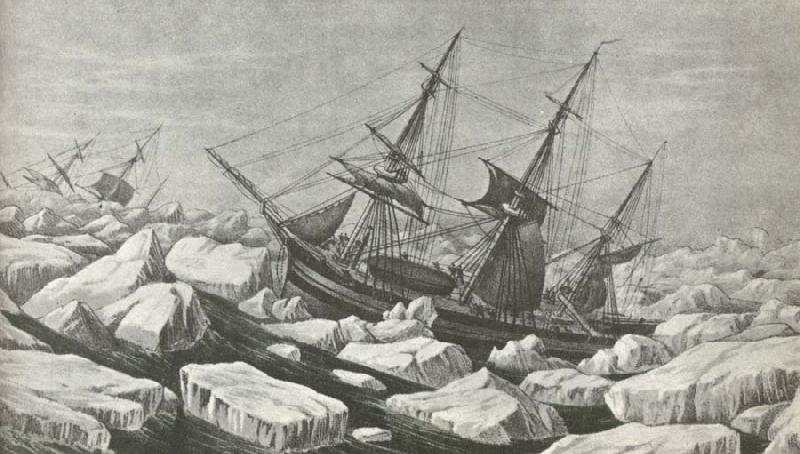 unknow artist Erebus and Terror am riding out a tempest in packisen wonder Ross second travel 1842 to Antarctic Continent